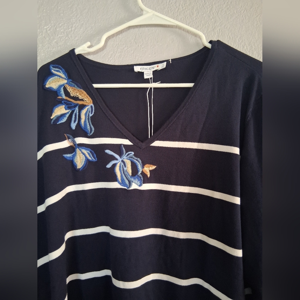 Chico's NWT  Ember Stripe Floral Embroidered Popover V Neck Sweater 4/XXL - Picture 2 of 6